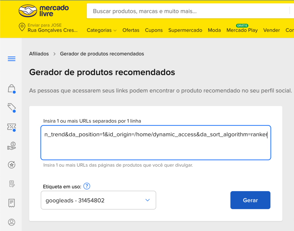colando link do produto para gerar link de afiliado mercado livre