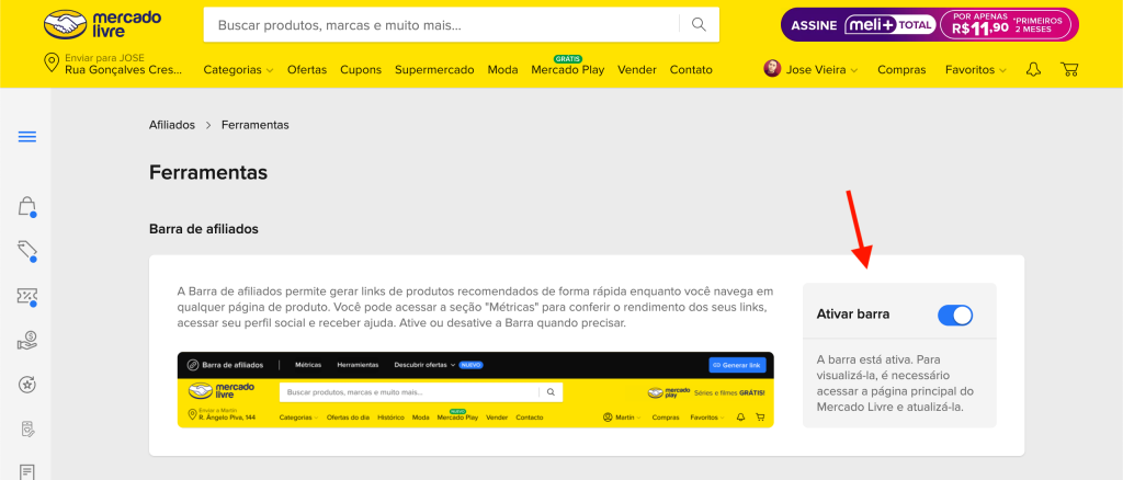 ativando a barra de afiliados mercado livre
